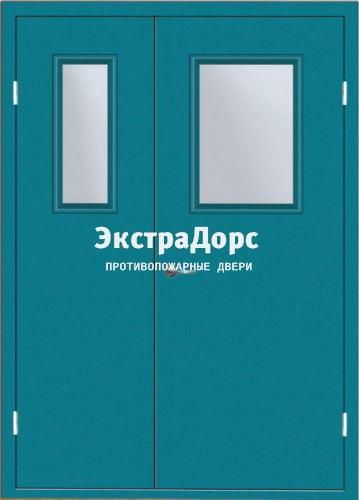 Противопожарная дверь двупольная дымонепроницаемая со стеклом бирюзовая