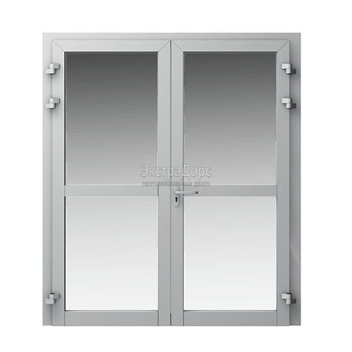 Двупольная огнеупорная дверь EI 60 двустворчатая с выпадающим порогом и стеклом