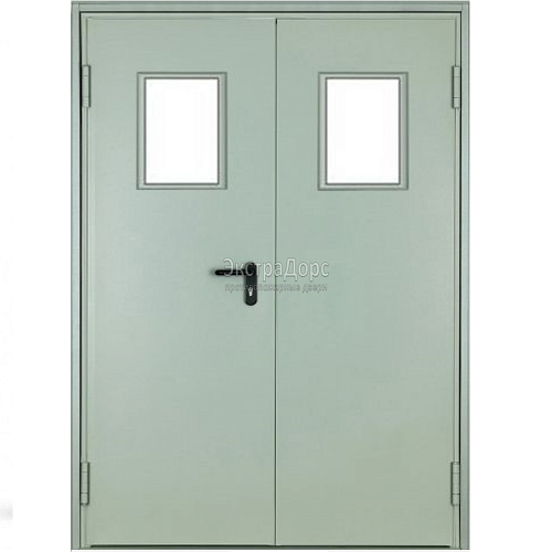 Двухстворчатая огнестойкая дверь EI 60 с выпадающим порогом и стеклом